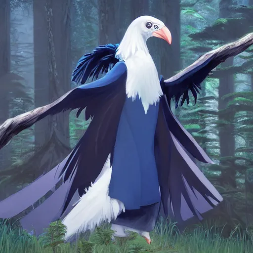 Image similar to concept art painting of an anthropomorphic albino raven wearing dark blue robes, in the deep forest, realistic, detailed, cel shaded, in the style of makoto shinkai and greg rutkowski and james gurney