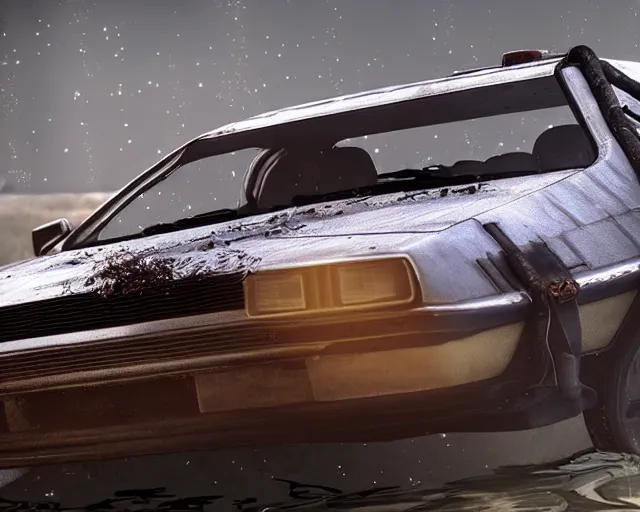 Prompt: delorean rusting and destroyed under water, cinematic, photoreal, by red dead redemption 2