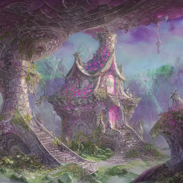 Prompt: the pastel squid palace at the blossom coast beautifully showcases elven architecture. watercolor by the award - winning concept artist