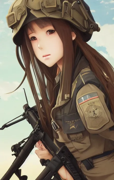 Prompt: infantry girl, anime style, long hair, hair down, symmetrical facial features, from girls frontline, hyper realistic, pale skin, 4 k, rule of thirds, extreme detail, detailed drawing, trending artstation, hd, special forces, trading card, by alphonse mucha, greg rutkowski, sharp focus, backlit