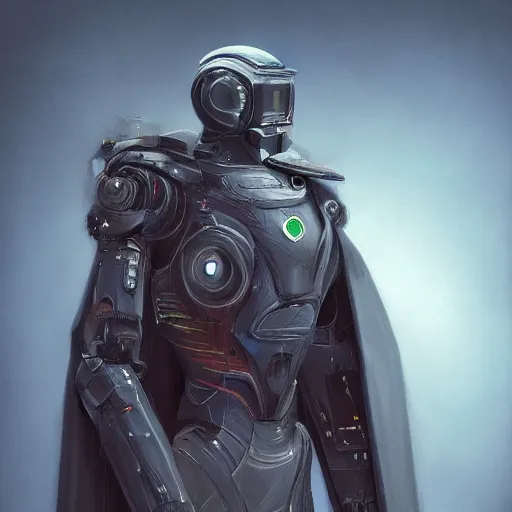 Prompt: self portrait of a robot raven. Full body with cloak and body armor, digital art, realistic, ultradetailed, concept art in the style of r/retrofuturism, art by Dariusz Zawadski, trending on artstation, devianart, cgsociety