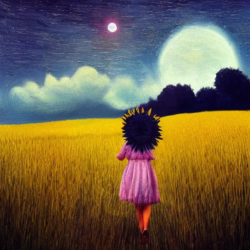 Image similar to giant daisy flowers as a head, girl walking in wheat field, hills, surreal photography, moon light, dark night, star trails, dramatic light, impressionist painting, clouds, digital painting, artstation, simon stalenhag