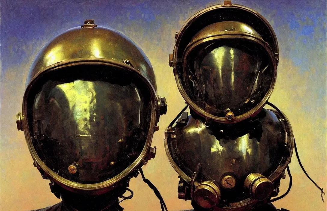 Prompt: portrait of deep sea diver helmet!!!!!!!!!!!!!!!!!!!!!!!!!!!, detailed face, detailed painting, epic lighting, by ilya repin, phil hale and kent williams