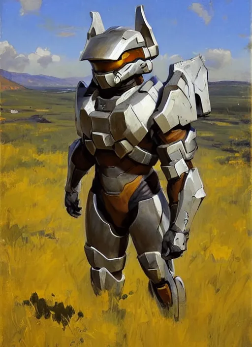 Image similar to Greg Manchess painting of an anthropomorphic Corgi wearing Forerunner Armor from Halo, countryside, calm, fantasy character portrait, dynamic pose, above view, sunny day, artwork by Jeremy Lipkin and Giuseppe Dangelico Pino and Michael Garmash and Rob Rey, very coherent asymmetrical artwork, sharp edges, perfect face, simple form, 100mm