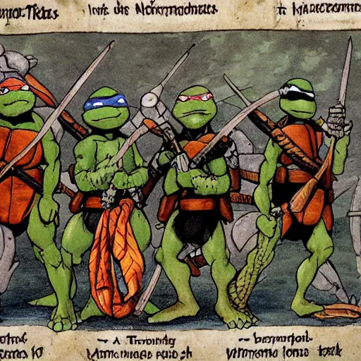 Prompt: Teenage Mutant Ninja Turtles in the style of Hieronymus Bosch