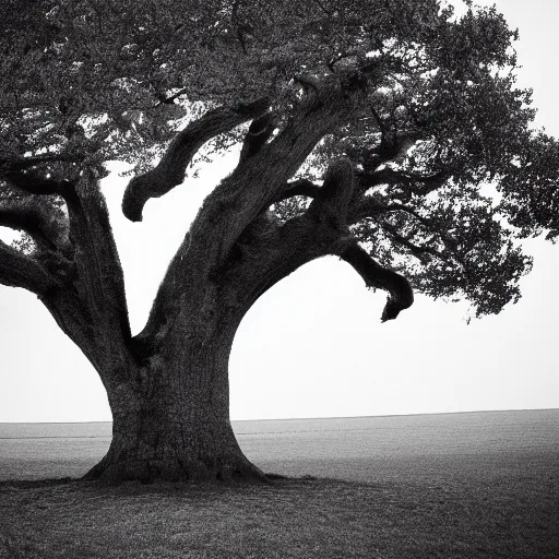 Prompt: one big tree of oak, field, mystic, art by William Blake, lomography, analogue photo quality, monochrome, blur, unfocus