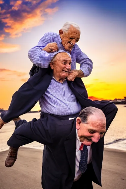 Image similar to elderly man carrying ted cruz piggyback, 8 k, award winning photograph, portrait, detailed faces, sunset in background, highly - detailed