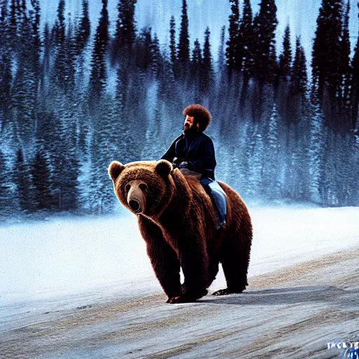 Image similar to a photo of bob ross riding on the back of brown bear in alaska at fall season, outdoor lighting, realistic, photo, national geographic photo, volumetric, fog