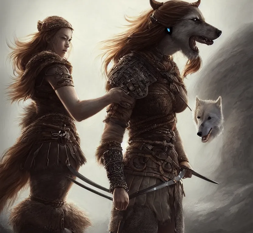 Image similar to a gorgeous!! woman resembling alicia vikander as a battle - worn viking warrior accompanied by a dire wolf | drawn by wlop, drawn by jeehyung lee, drawn by argerm | intricate, highly detailed, ultra graphics, digital painting, artstation