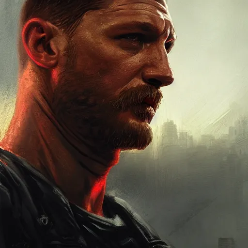 Prompt: closeup portrait of tom hardy as the terminator, city background, dramatic light, gorgeous view, depth, high detail, digital art, painted by greg rutkowski, trending on artstation