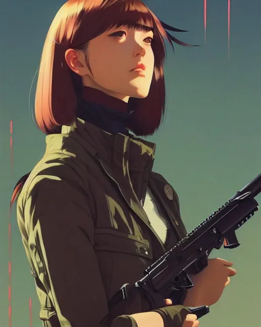 Image similar to girl holding a rifle | | very very anime!!!, fine - face, audrey plaza, realistic shaded perfect face, fine details. anime. realistic shaded lighting poster by ilya kuvshinov katsuhiro otomo ghost - in - the - shell, magali villeneuve, artgerm, jeremy lipkin and michael garmash and rob rey