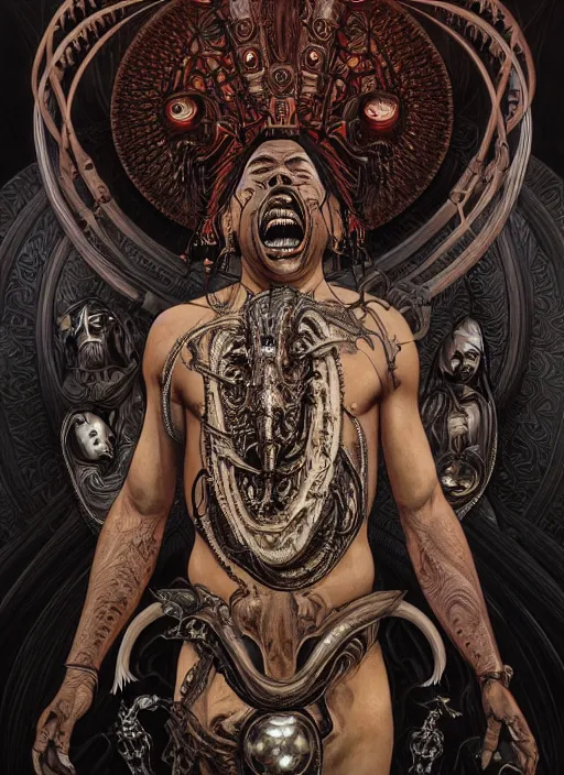 Image similar to masterpiece portrait of an biomechanical maori priest, surrounded by black liquid occult swirls, horror, dramatic lighting, h. r. giger, greg rutkowski, alphonse mucha, artgerm, donato giancola, tom bagshaw, trending on cgsociety, octane render, 8 k