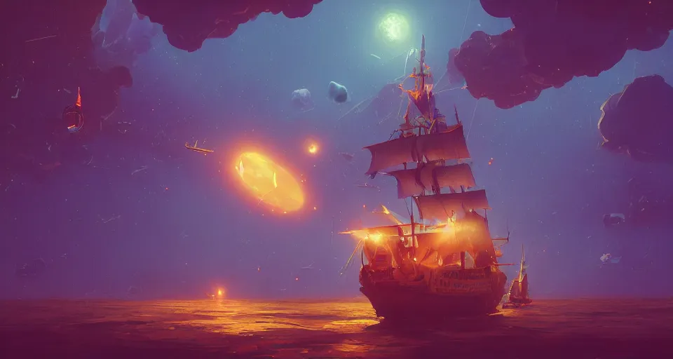 Prompt: A Spanish Galleon floating in space, rendered by Beeple, Makoto Shinkai, syd meade, simon stålenhag, environment concept, digital art, unreal engine, 3 point perspective, WLOP, trending on artstation, low level, 4K UHD image, octane render,
