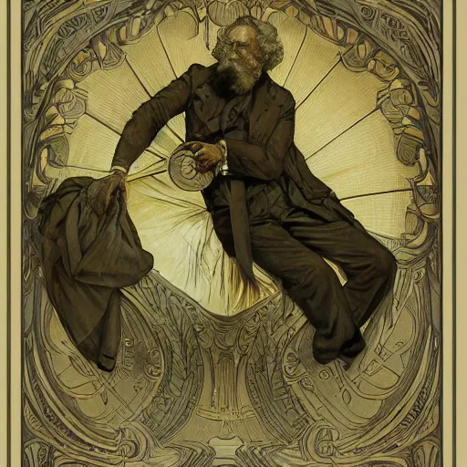 Image similar to Karl Marx pondering his orb, highly detailed, digital painting, artstation, concept art, smooth, sharp focus, illustration, art by todd lockwood and magalie villeneuve and alan lee and artgerm and greg rutkowski and alphonse mucha