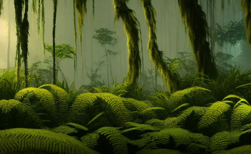 Image similar to a beautiful render of a dark prehistoric fern forest, lush flora, patches of yellow sky, dark green leaves, blue shadows, intricate detail, hazy, humid, volumetric lighting, 8 k, photorealistic, raytracing effects, unreal engine 5