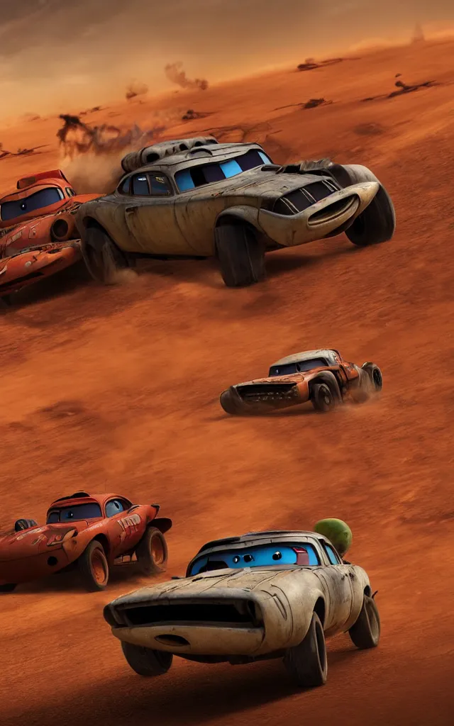 Image similar to pixar cars racing fast in the world of mad max fury road. pixar eyes. 4 k ultra detailed