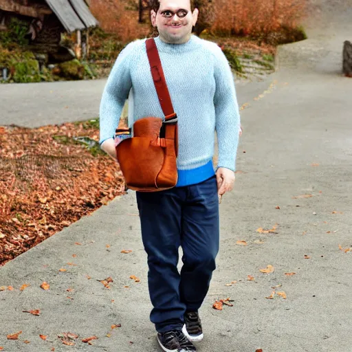 Image similar to hobbit wearing a white men's crossbody sling chest bag and blue sweater