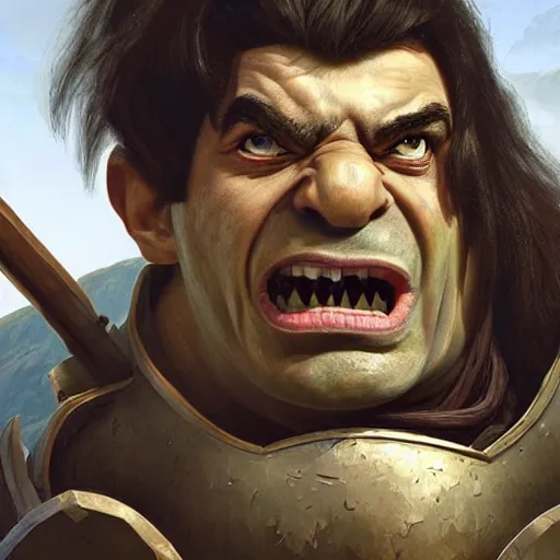 Image similar to upper body portrait of a heavily armoured hulking herculean chiseled mr bean rowan atkinson as a fantasy barbarian pirate orc ork, sunrays, cinematic lighting, photorealistic, octane render, 8 k, depth of field, 3 d, art by artgerm and greg rutkowski and alphonse mucha and uang guangjian and gil elvgren and sachin ten