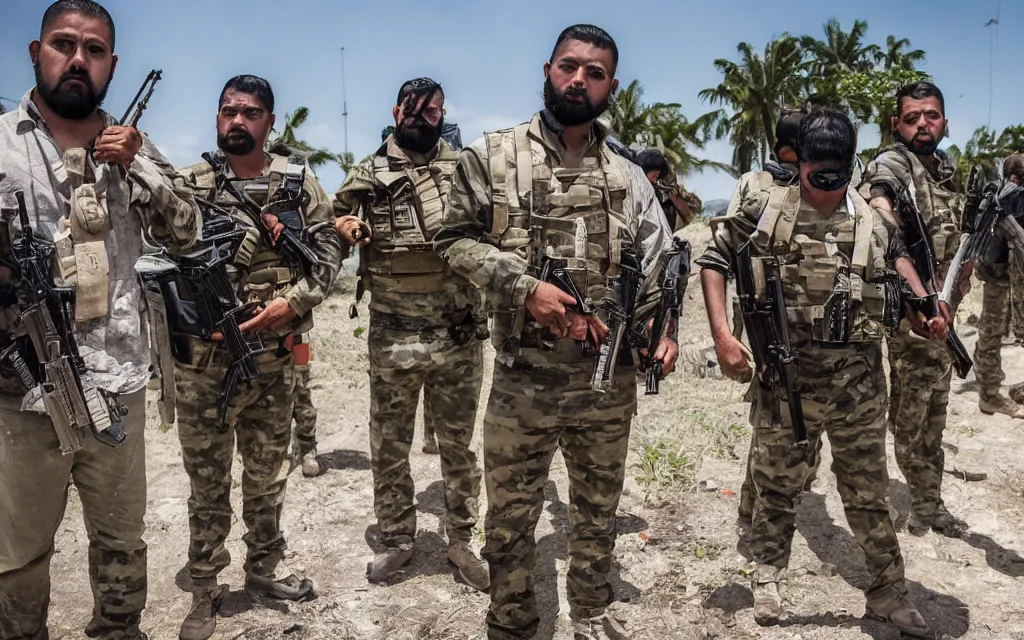 Image similar to heavily armed battalion of drug cartel members with fully decked - out equipment, long shot photography, harsh overhead sunlight, midday, summer, high - key lighting, vice news report