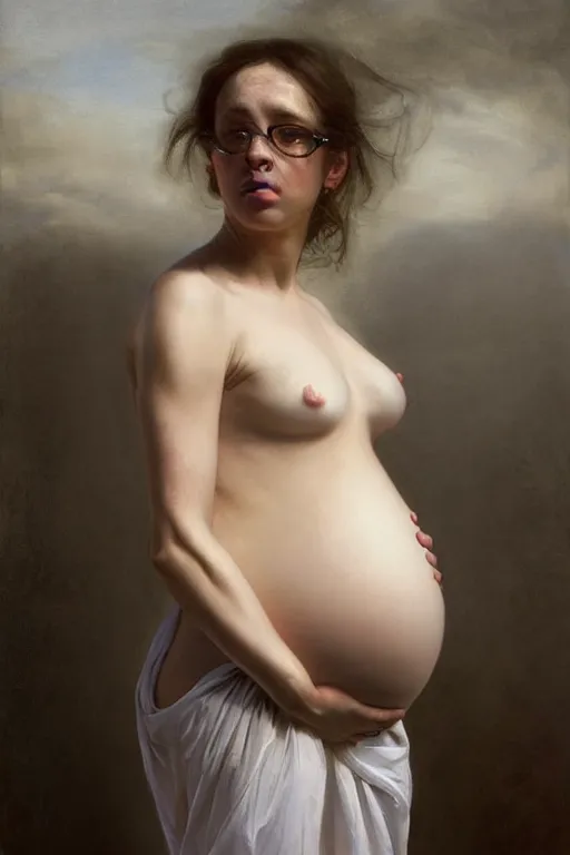 Image similar to pregnant woman in t-shirt by Alyssa Monks, Franz Xaver Winterhalter. full-shot, urban dystopia, hyper realism, realistic proportions, dramatic lighting, high detail 4k