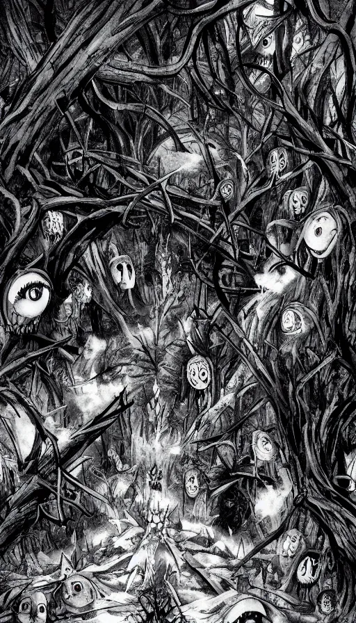 Image similar to a storm vortex made of many demonic eyes and teeth over a forest, by wit studio