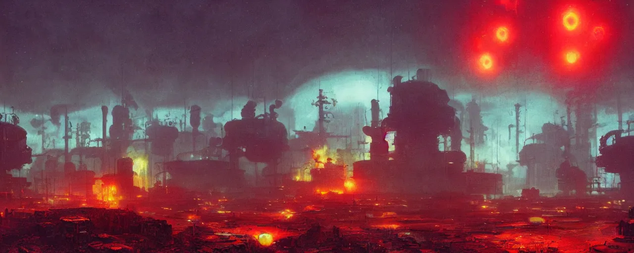 Image similar to ” radioactive hazard, [ by paul lehr, cinematic, detailed, epic, widescreen, opening, establishing, mattepainting, photorealistic, realistic textures, octane render ] ”