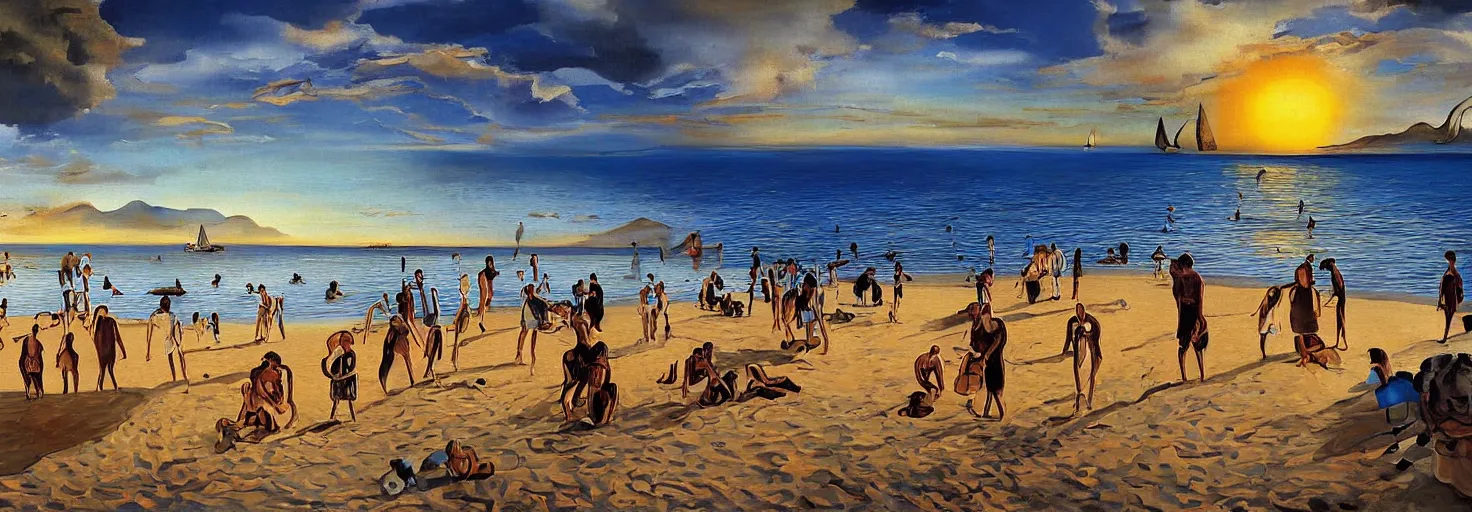 Image similar to People in beach by Salvador Dali and Bob Ross collaboration, mural, sun set, digital art, high details