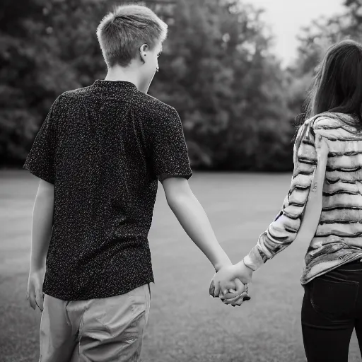 Prompt: Photograph of two teenagers in love, holding hand, sigma 85mm