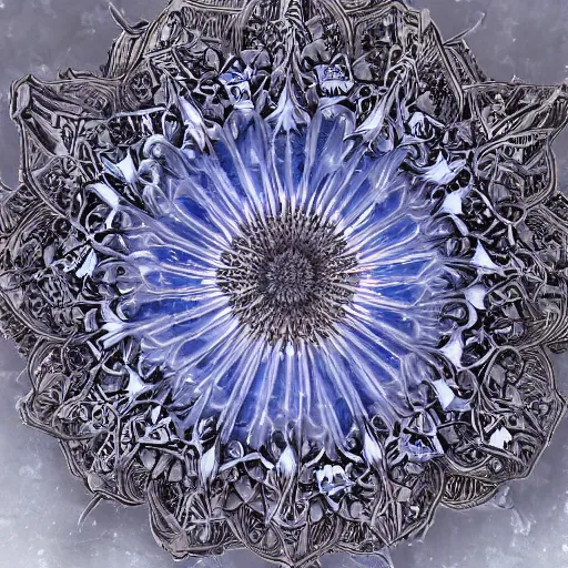 Image similar to of intricate and detailed frozen flower, symmetrical, by masamune shirow