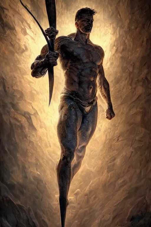 Prompt: hyperrealistic mixed media painting of Cain, a spear in his hand, masculine and handsome, stunning 3d render inspired art by P. Craig Russell and Barry Windsor-Smith + perfect facial symmetry + dim volumetric lighting, 8k octane beautifully detailed render, post-processing, extremely hyperdetailed, intricate, epic composition, grim yet sparkling atmosphere, cinematic lighting + masterpiece, trending on artstation, very very detailed, masterpiece, stunning