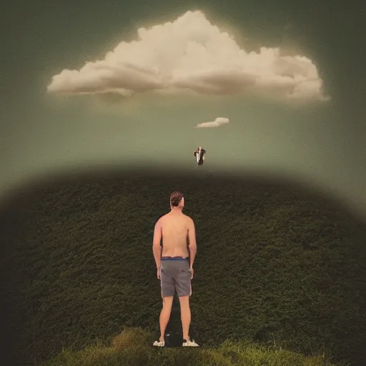 Image similar to a man floating in the sky, his past and the clouds are behind him