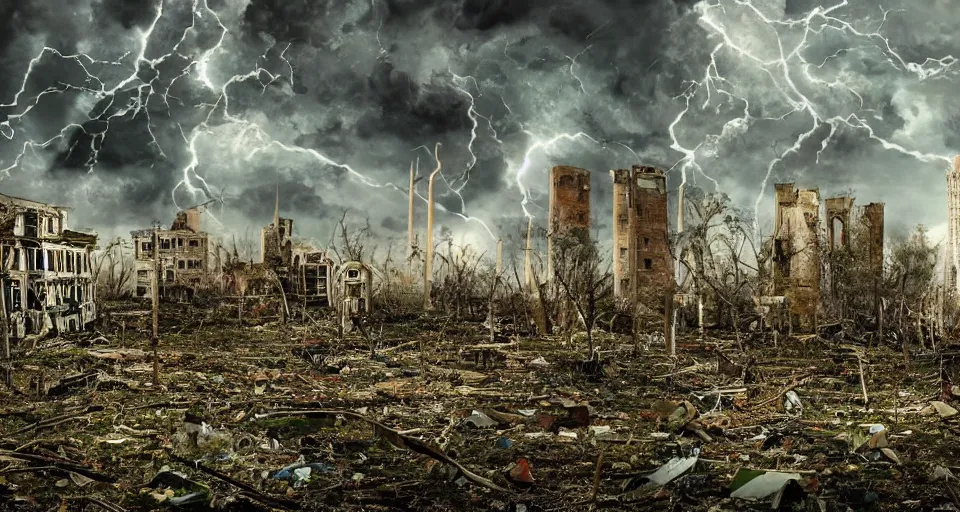 Image similar to backround of long abandoned city with foreground of a tornado 7 foot tall sparsely populated with oak leaves next to a tornado 7 foot tall sparsely populated with recently censored words and ideas