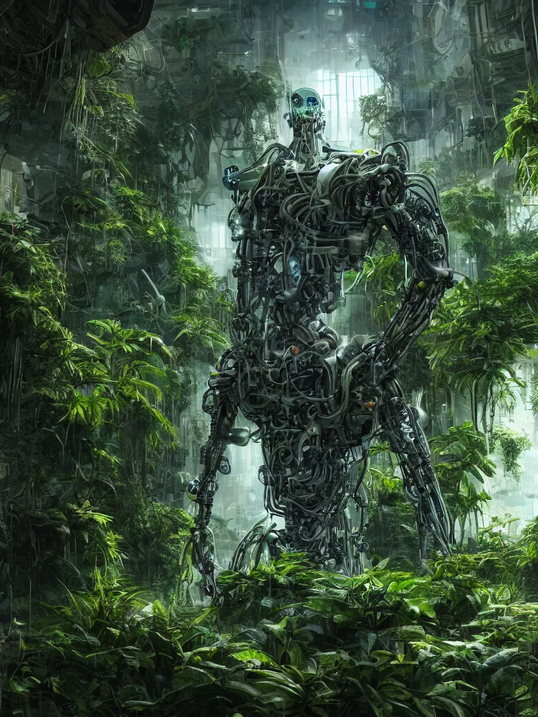 Image similar to portrait of a cyborg, standing in a hall of overgrown by plants cyberpunk megacomplex; hyperrealistic, 4K wallpaper, cinematic lighting, highly detailed and beautiful
