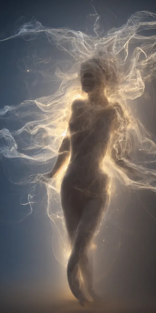 Image similar to a beautiful radiant goddess of light with many arms obscured by wisps of smoke and dust particles, numerous arms and hands, fluid simulation, particle simulation, ephemeral, highly detailed, hyperrealism, octane render