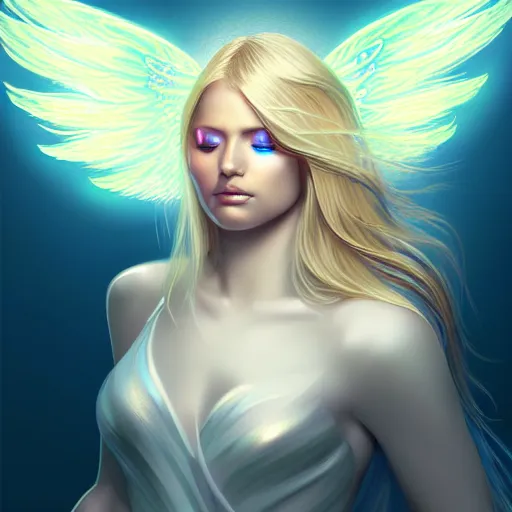 Image similar to Winged girl angel with blonde hair and glowing halo, iridescent, seraphim, fantasy, intricate, elegant, highly detailed, digital painting, artstation, concept art, smooth, sharp focus, illustration, art by PHAZED