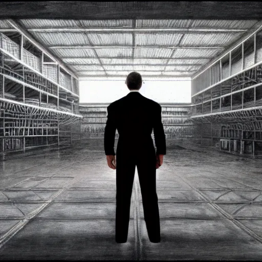 Image similar to an fbi agent looking at a ufo inside a giant warehouse, beksinski, wayne barlowe, very coherent symmetrical artwork, cinematic, hyper realism, high detail, octane render, 8 k