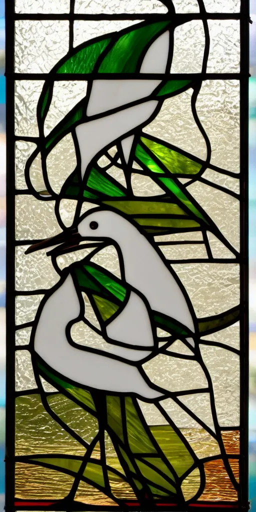 Prompt: stained glass panel of an egret and palm leaves