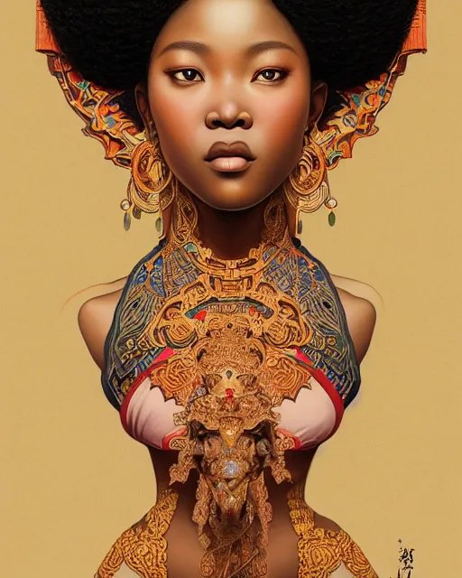 Image similar to portrait of a afro goddess, machine face, upper body, decorated with chinese opera motifs, asian, traditional chinese art, intricate, elegant, highly detailed, digital painting, artstation, concept art, smooth, sharp focus, illustration, art by artgerm and greg rutkowski and alphonse mucha, 8 k