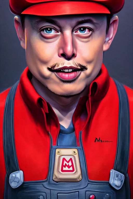 Image similar to elon musk as mario from the super mario bros, realistic portrait, symmetrical, highly detailed, digital painting, artstation, concept art, smooth, sharp focus, illustration, cinematic lighting, art by artgerm and greg rutkowski and alphonse mucha