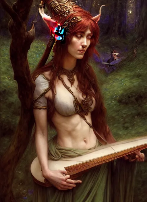 Prompt: forest elf bard playing lute, full body, hyper realistic, extremely detailed, dnd character art portrait, dark fantasy art, intricate fantasy painting, dramatic lighting, vivid colors, deviantart, artstation, by edgar maxence and krenz cushart and artem demura and john williams waterhouse