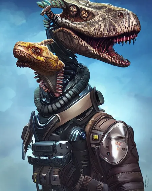 Prompt: Trex as an Apex Legends character digital illustration portrait design by, Natalie Shau detailed, gorgeous lighting, wide angle action dynamic portrait