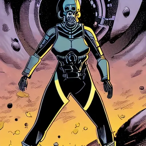 Image similar to woman in sci - fi suit tries to survive an undead outbreak in a dark spaceship, very detailed comic book