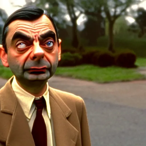 Prompt: mr. bean as forest gump. movie still. cinematic lighting.