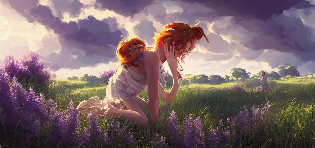 Prompt: a beautiful southern woman named Savannah, innocent, somber turquoise eyes, freckles, long ginger hair tied with white ribbon, napping under wisteria on a farm, gentle lighting, storm in the distance, western clothing, dress, digital art by Makoto Shinkai ilya kuvshinov and Wojtek Fus, digital art, concept art,