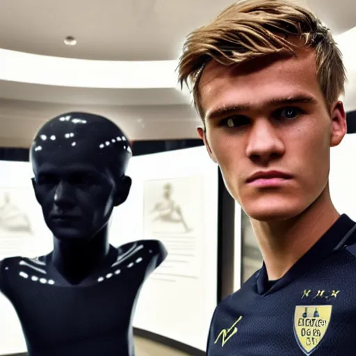 Image similar to a realistic detailed photo of a guy who is an attractive humanoid who is half robot and half humanoid, who is a male android, soccer player martin ødegaard, shiny skin, posing like a statue, blank stare, at the museum, on display