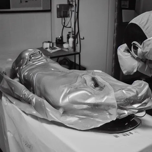 Image similar to photo of an alien autopsy, black and white, wide angle