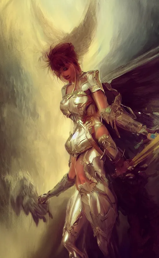 Image similar to Concept art, angel knight girl, artstation trending colaboration with Joseph Mallord William Turner, highly detailded