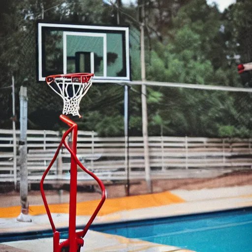 Image similar to film photo of a pool railing next to a basketball net and a retro car