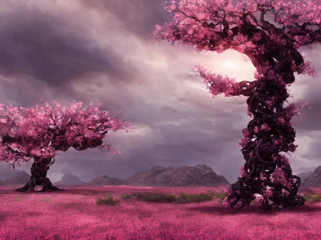 Image similar to a Photorealistic complex hyper detailed hyper realistic rendering of a gigantic eerie knotted tree full of beautiful blossoming pink Sakura flowers in a desert valley with flowers scattered all over the ground at dusk,dark stormy clouds by Craig Mullins,Greg Rutkowski,Beautiful dynamic dramatic dark moody lighting,shadows,volumetric,Cinematic Atmosphere,high surface and silhouette details,Octane Render,8k