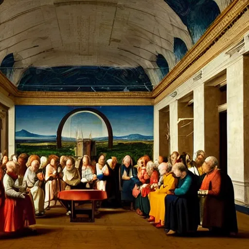 Image similar to a psychedelic conference of scientists / professors / researchers in a renaissance painting